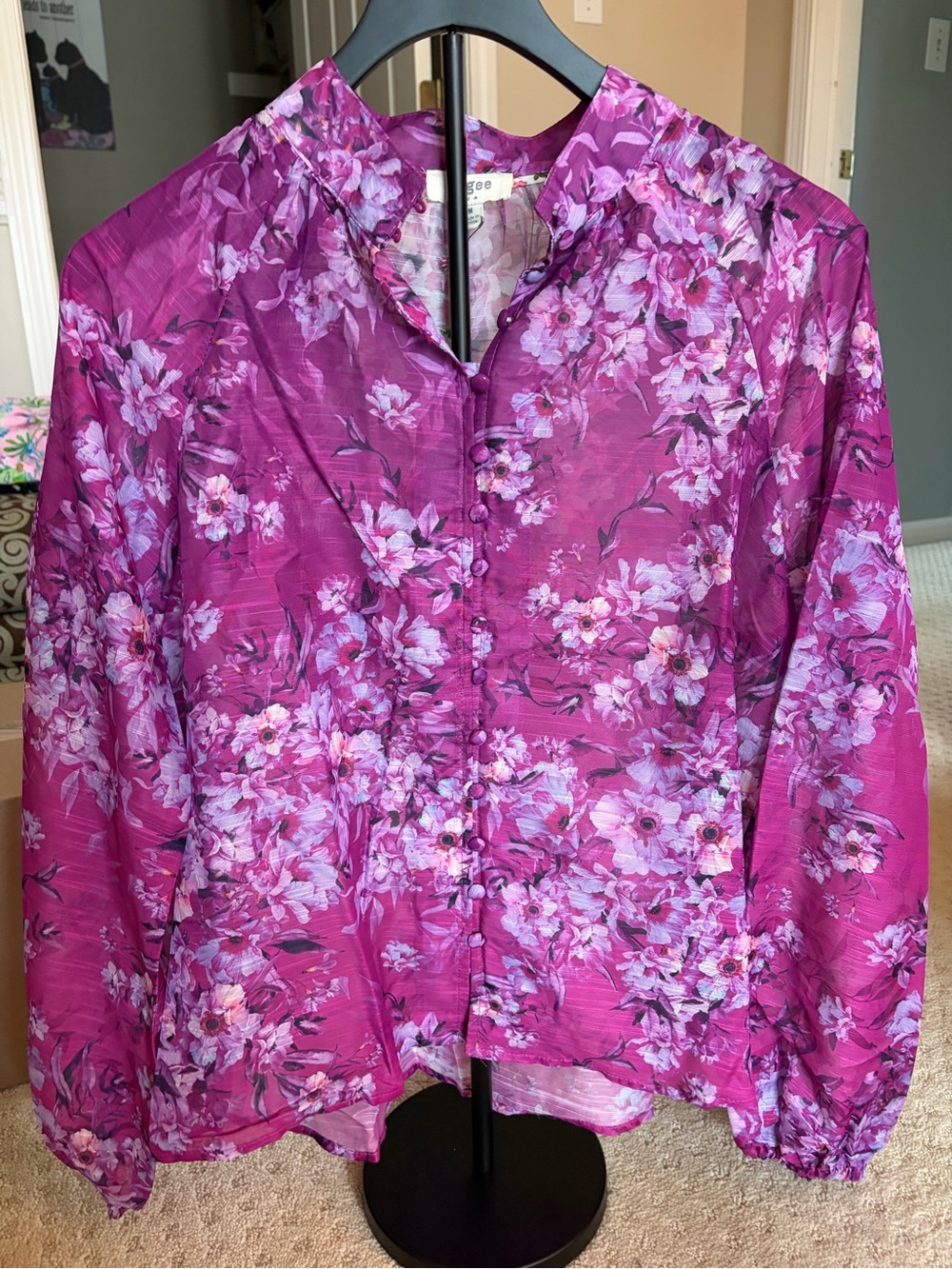 Umgee Fuchsia Floral Button-Front Sheer Blouse